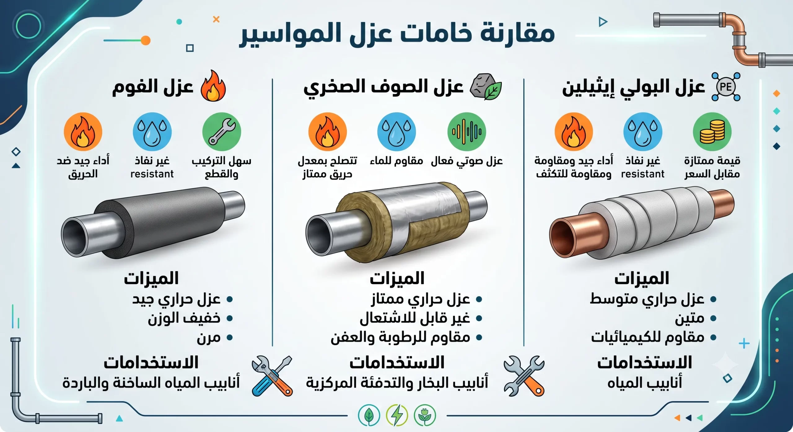 مقارنة خامات عزل المواسير الفوم والصوف الصخري والبولي إيثيلين وأيها يناسب حالتك